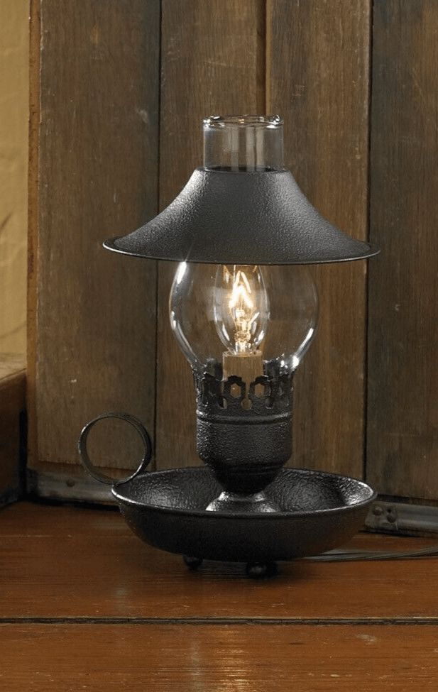 Primitive Farmhouse Black 9&quot; Chamberstick Lamp with Shade and Glass Chimney - The Primitive Pineapple Collection