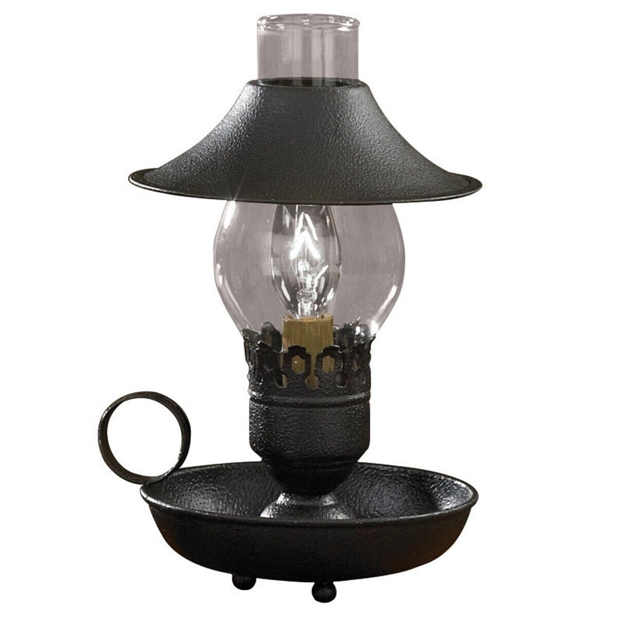 Primitive Farmhouse Black 9" Chamberstick Lamp with Shade and Glass Chimney - The Primitive Pineapple Collection