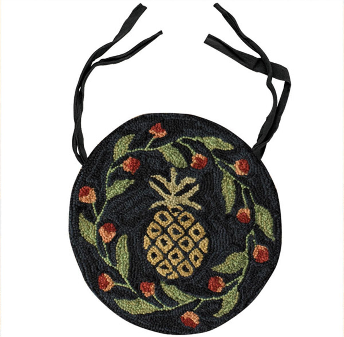 Primitive Farmhouse Pineapple Folk Art Hooked Chair Pad 14.5" - The Primitive Pineapple Collection