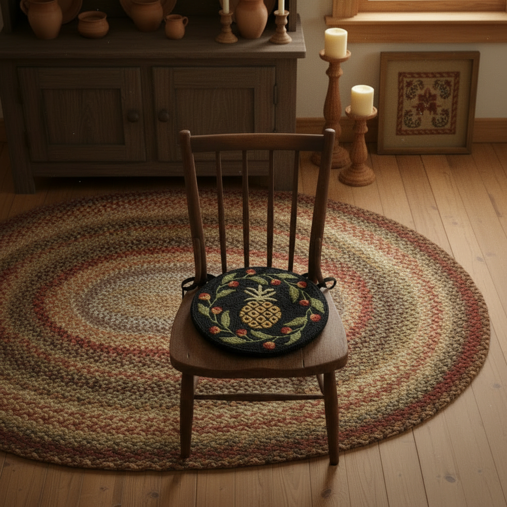 Primitive Farmhouse Pineapple Folk Art Hooked Chair Pad 14.5" - The Primitive Pineapple Collection