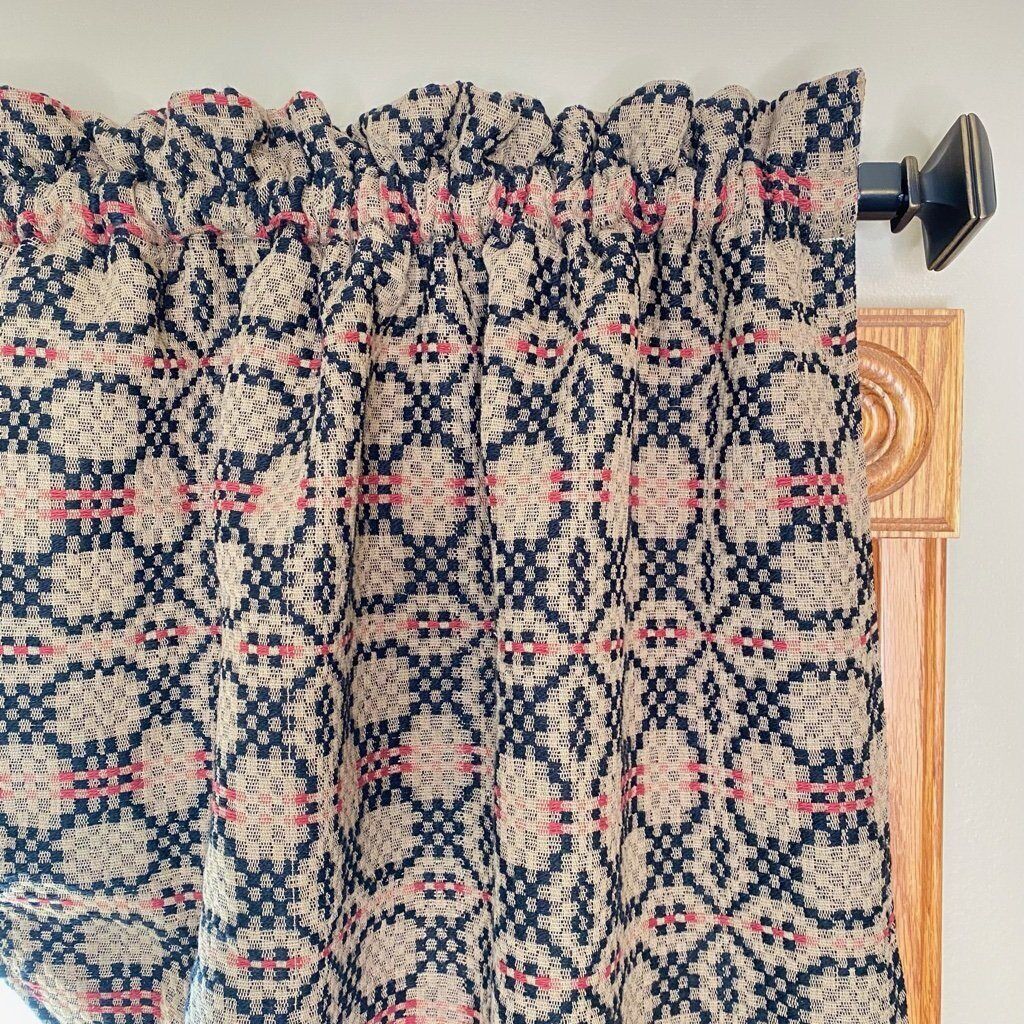 Primitive Patriots Knot Weave Cranberry,Black, Tan 63 x 72 " Long Swag Curtain - The Primitive Pineapple Collection