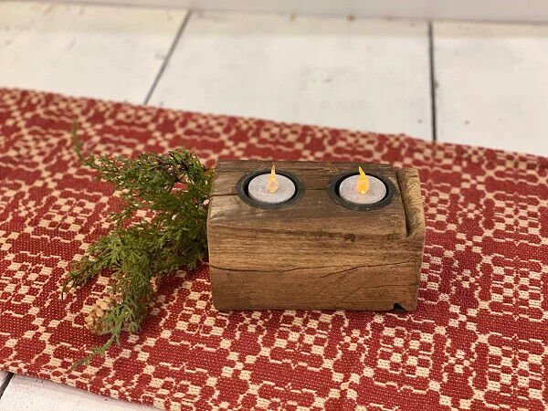 Primitive Farmhouse Reclaimed Wood Double Tealight Holder Reproduction - The Primitive Pineapple Collection