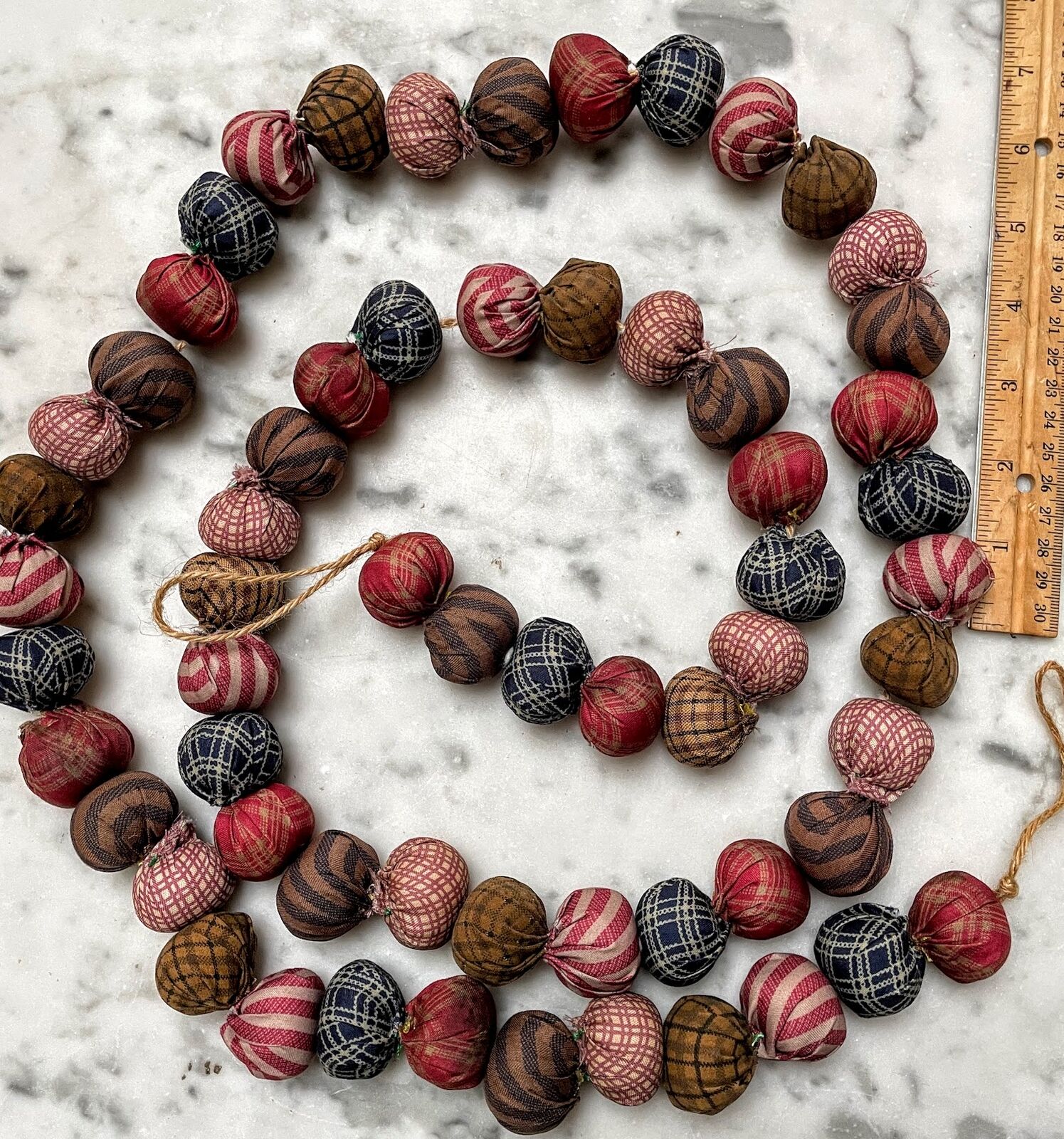Primitive Colonial 1" Fabric Rag Ball Garland String 62" Homespun Fabric - The Primitive Pineapple Collection