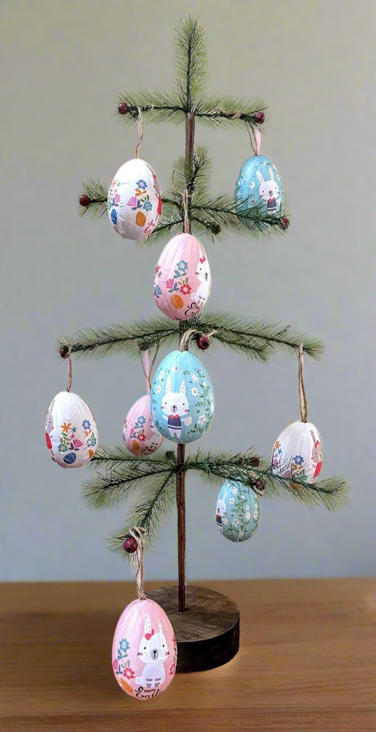 Retro Vintage Look Playful Bunny Easter Egg w/ribbon 12 pc Ornament Set - The Primitive Pineapple Collection