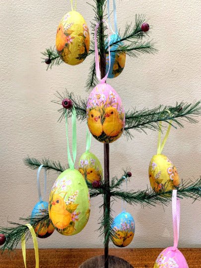 Retro Vintage Look Playful Chicks Easter Egg w/ribbon 12 pc Ornament Set - The Primitive Pineapple Collection