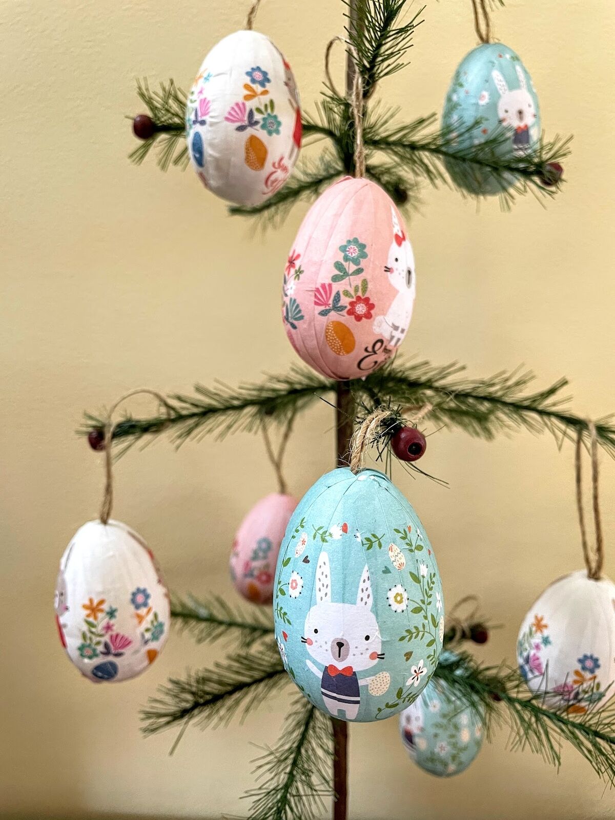 Retro Vintage Look Playful Bunny Easter Egg w/ribbon 12 pc Ornament Set - The Primitive Pineapple Collection