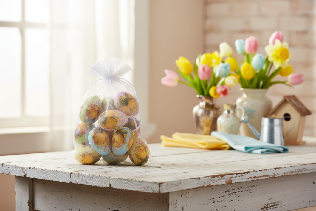 Retro Vintage Look Playful Chicks Easter Egg w/ribbon 12 pc Ornament Set - The Primitive Pineapple Collection