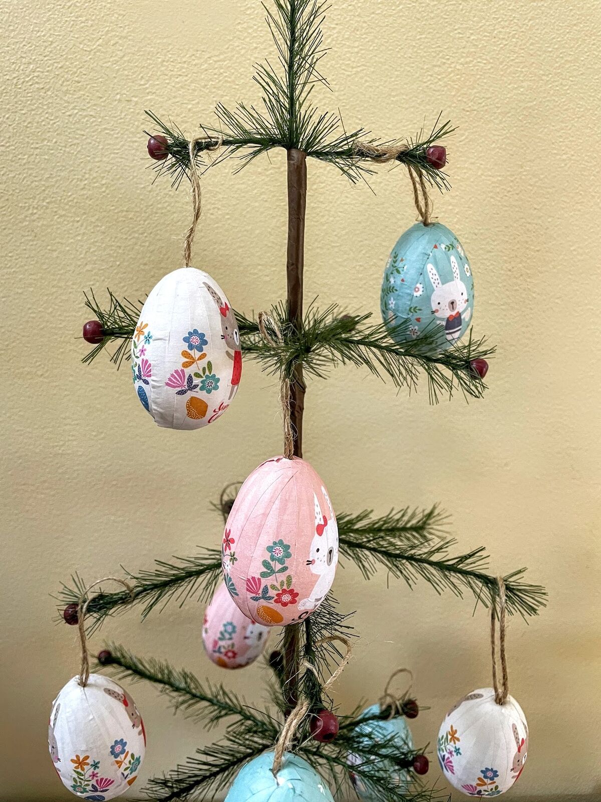Retro Vintage Look Playful Bunny Easter Egg w/ribbon 12 pc Ornament Set - The Primitive Pineapple Collection