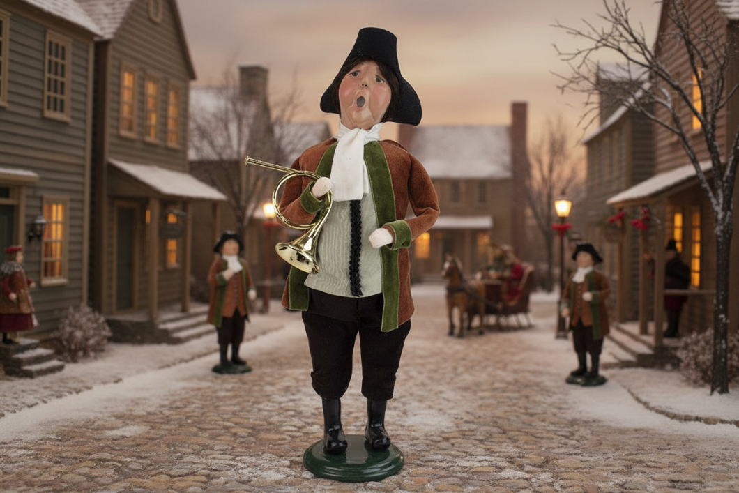 Primitive Colonial Byers Choice 2023 Colonial Man w/ French Horn Authorized Deal - The Primitive Pineapple Collection