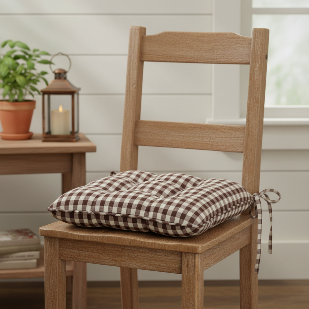 Primitive Farmhouse 16" x 16"Black and Nutmeg Check Chair Pad w/ Ties Cotton New - The Primitive Pineapple Collection