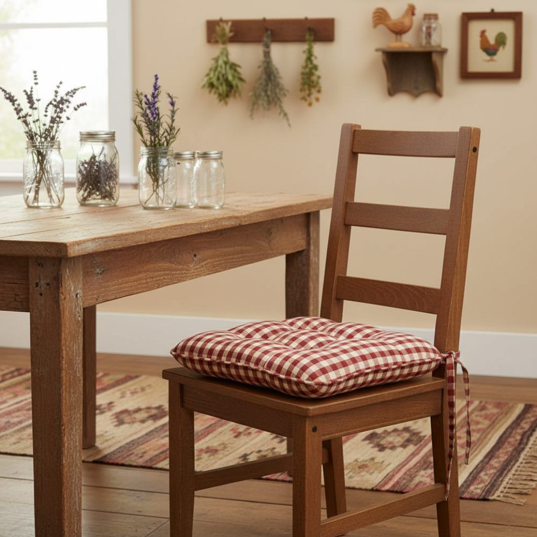 Primitive Farmhouse 14" x 14" Barn Red Check Chair Pad w/ Ties Cotton - The Primitive Pineapple Collection