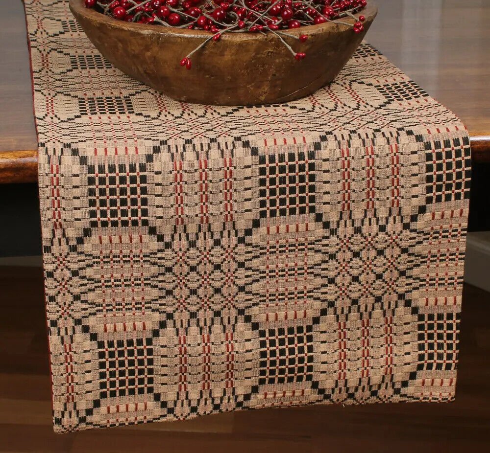 Primitive Colonial Farmhouse Tri Color Jacquard Table Runner 14x36 Cotton - The Primitive Pineapple Collection