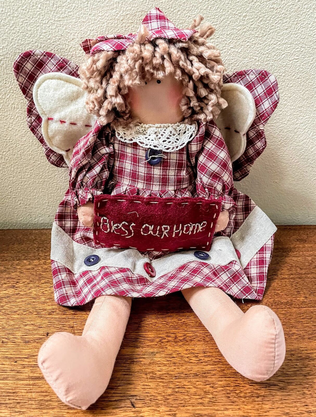 Primitive Farmhouse 12&quot; Red Plaid Angel Rag Doll w/ Bless Our Home Pillow - The Primitive Pineapple Collection