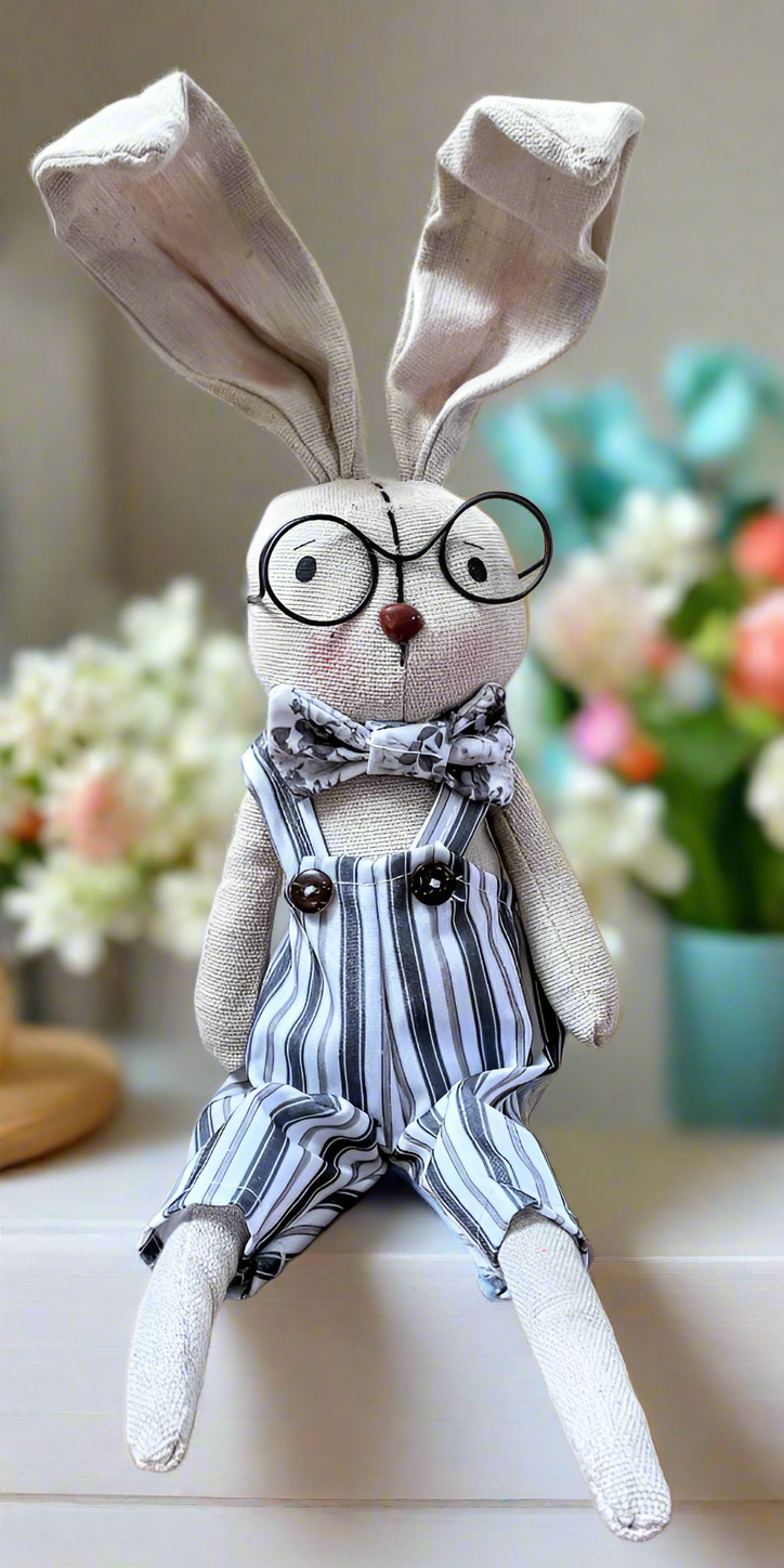 Spring Easter 13.5"" Farmhouse Bunny Boy in Black and White Jumper Doll - The Primitive Pineapple Collection