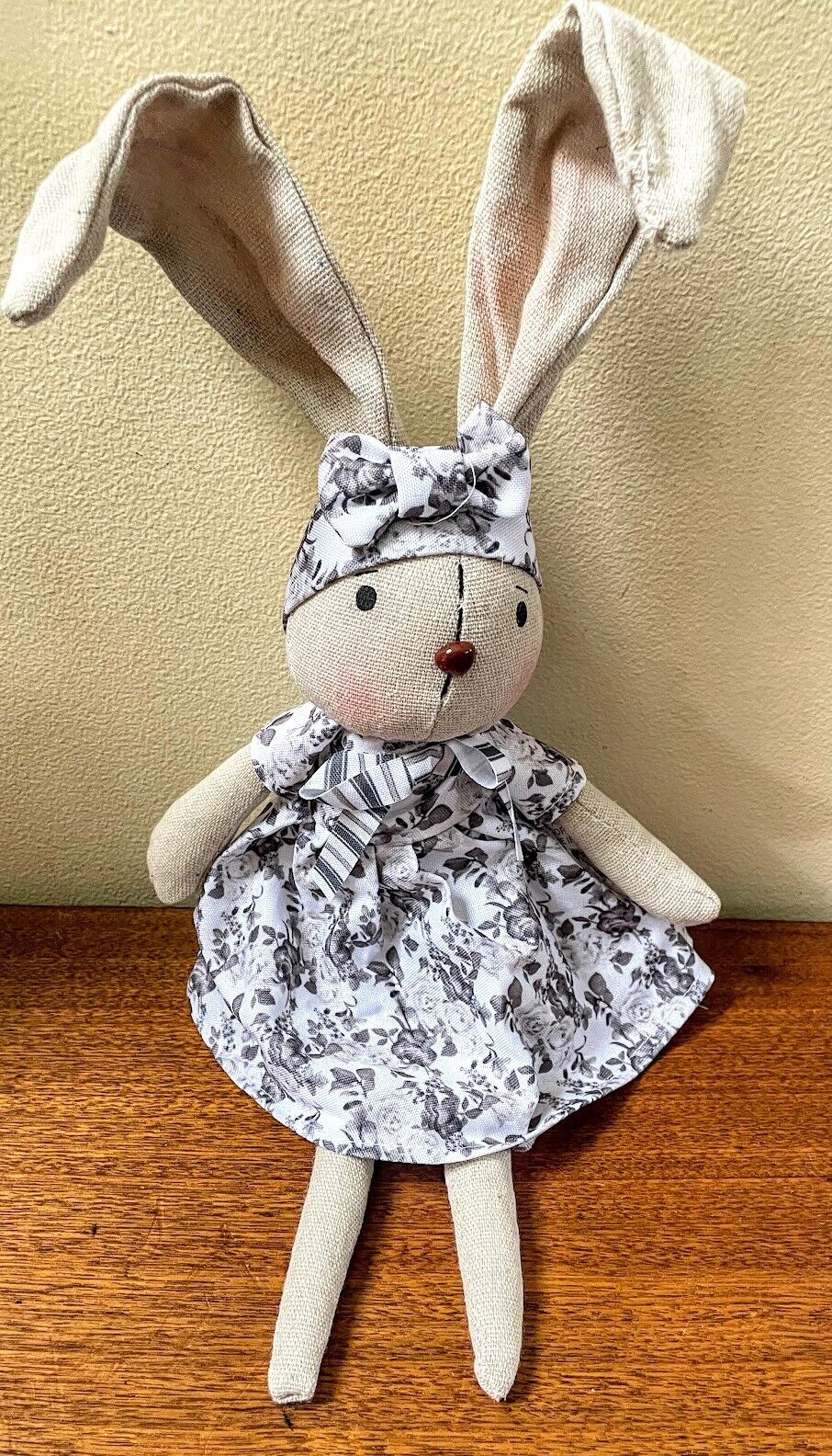 Spring Easter 14.5" Farmhouse Bunny in Black and White Dress Doll Shelf Sitter - The Primitive Pineapple Collection