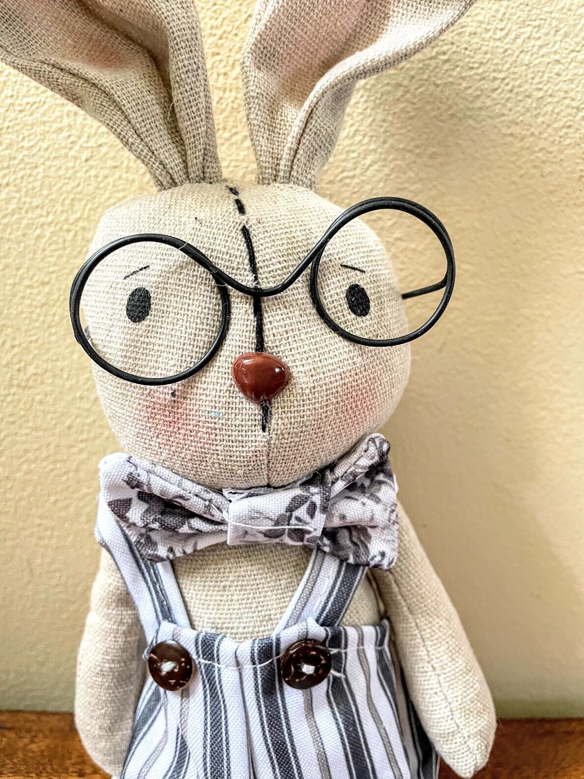 Spring Easter 13.5"" Farmhouse Bunny Boy in Black and White Jumper Doll - The Primitive Pineapple Collection