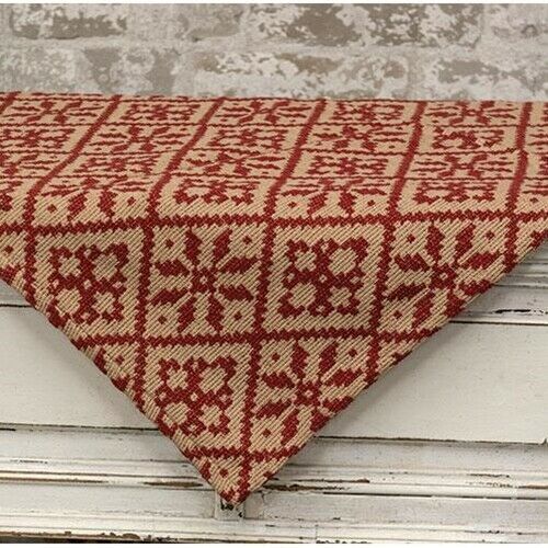 Primitive Colonial Rose Red Short Runner 14" x 32"" Woven Textile Farmhouse - The Primitive Pineapple Collection