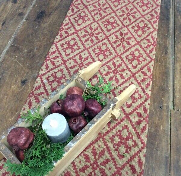 Primitive Colonial Rose Red Short Runner 14" x 32"" Woven Textile Farmhouse - The Primitive Pineapple Collection