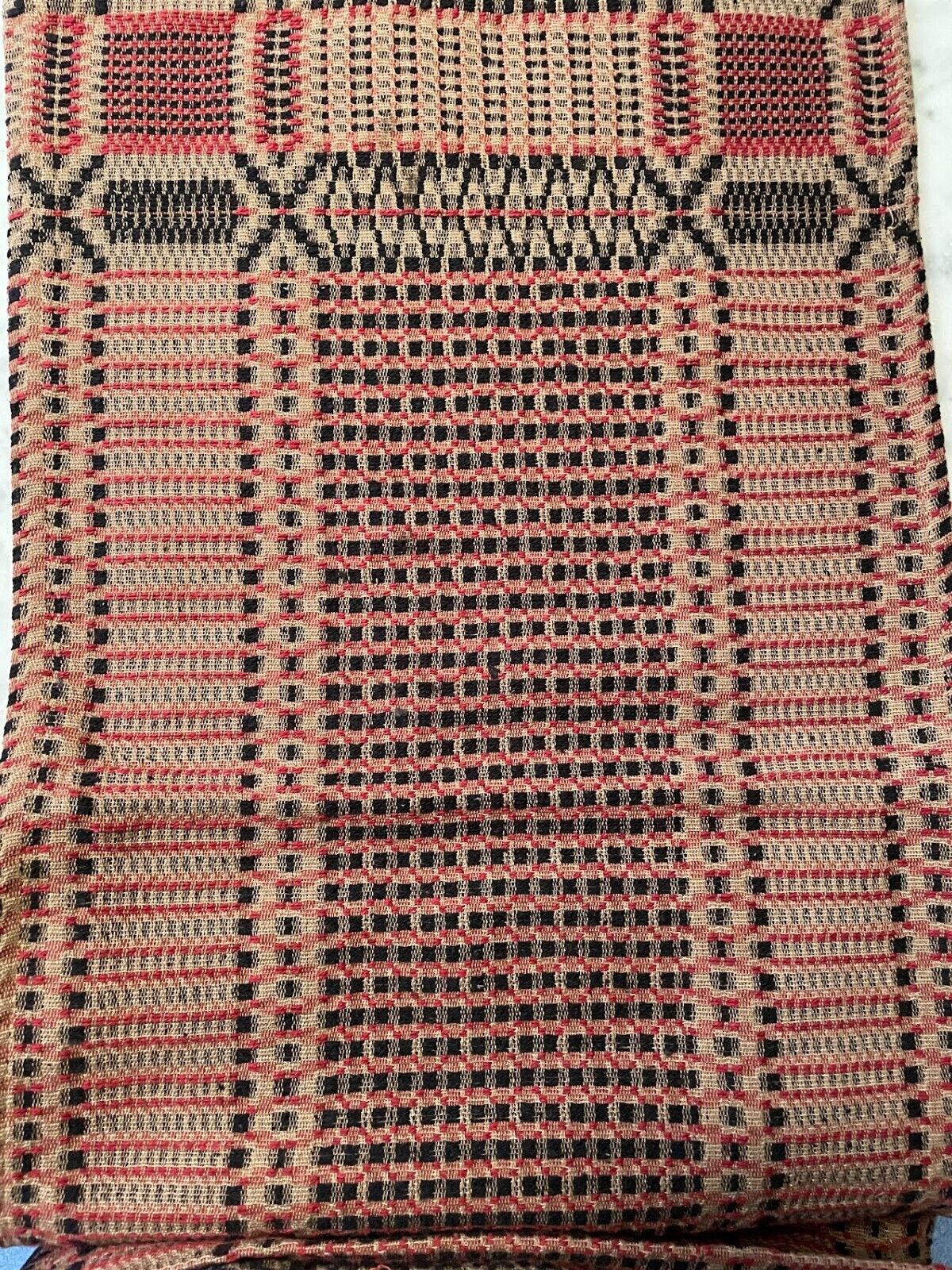 Primitive Edgefield Cranberry, Black,Tan 14" x 32" Woven Cotton Runner Farmhouse - The Primitive Pineapple Collection