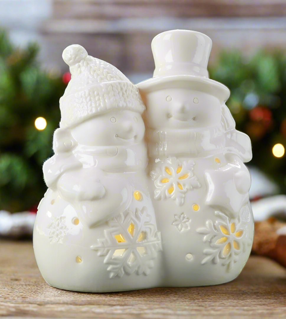 Christmas / Holiday Light up " 4.7" LED White Porcelain Snowman Couple Figurine - The Primitive Pineapple Collection