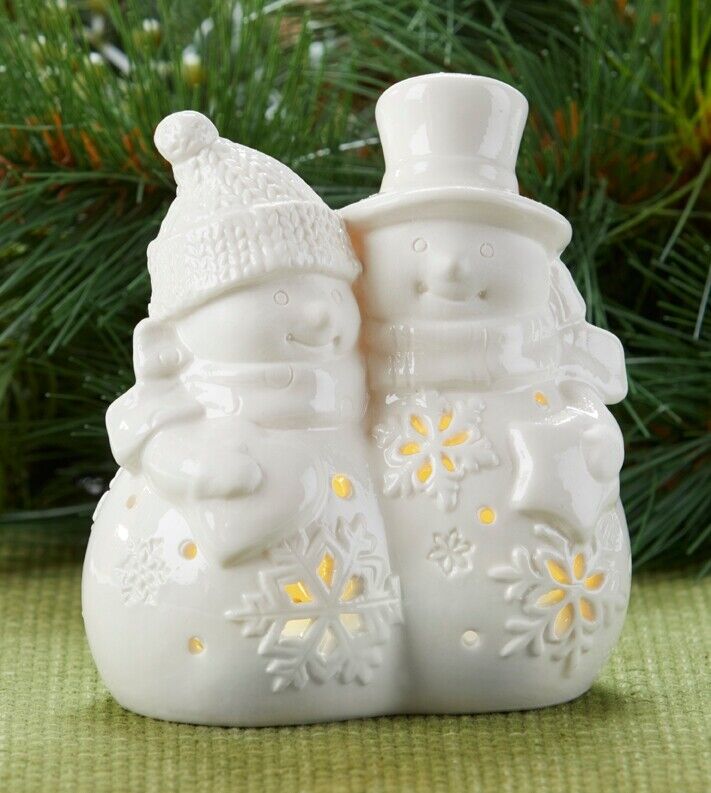 Christmas / Holiday Light up &quot; 4.7&quot; LED White Porcelain Snowman Couple Figurine - The Primitive Pineapple Collection