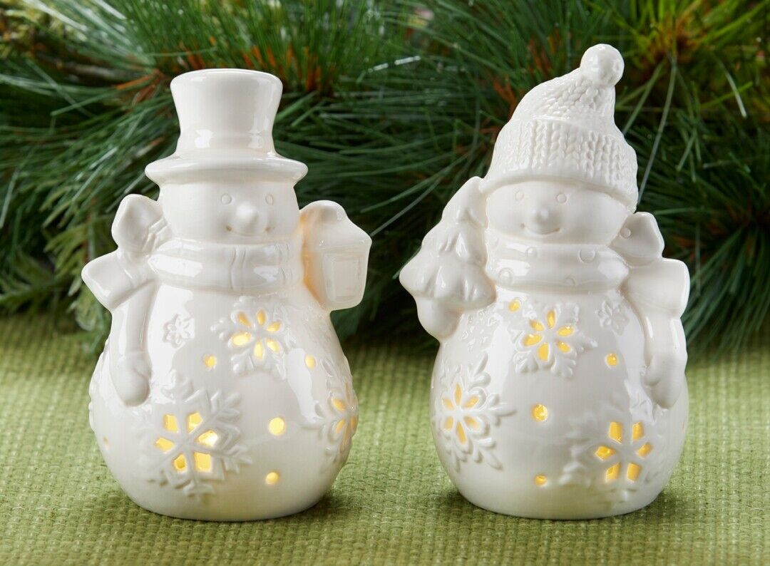 Christmas / Holiday Light up 2 pc set 5" LED White Porcelain Snowman Figurines - The Primitive Pineapple Collection