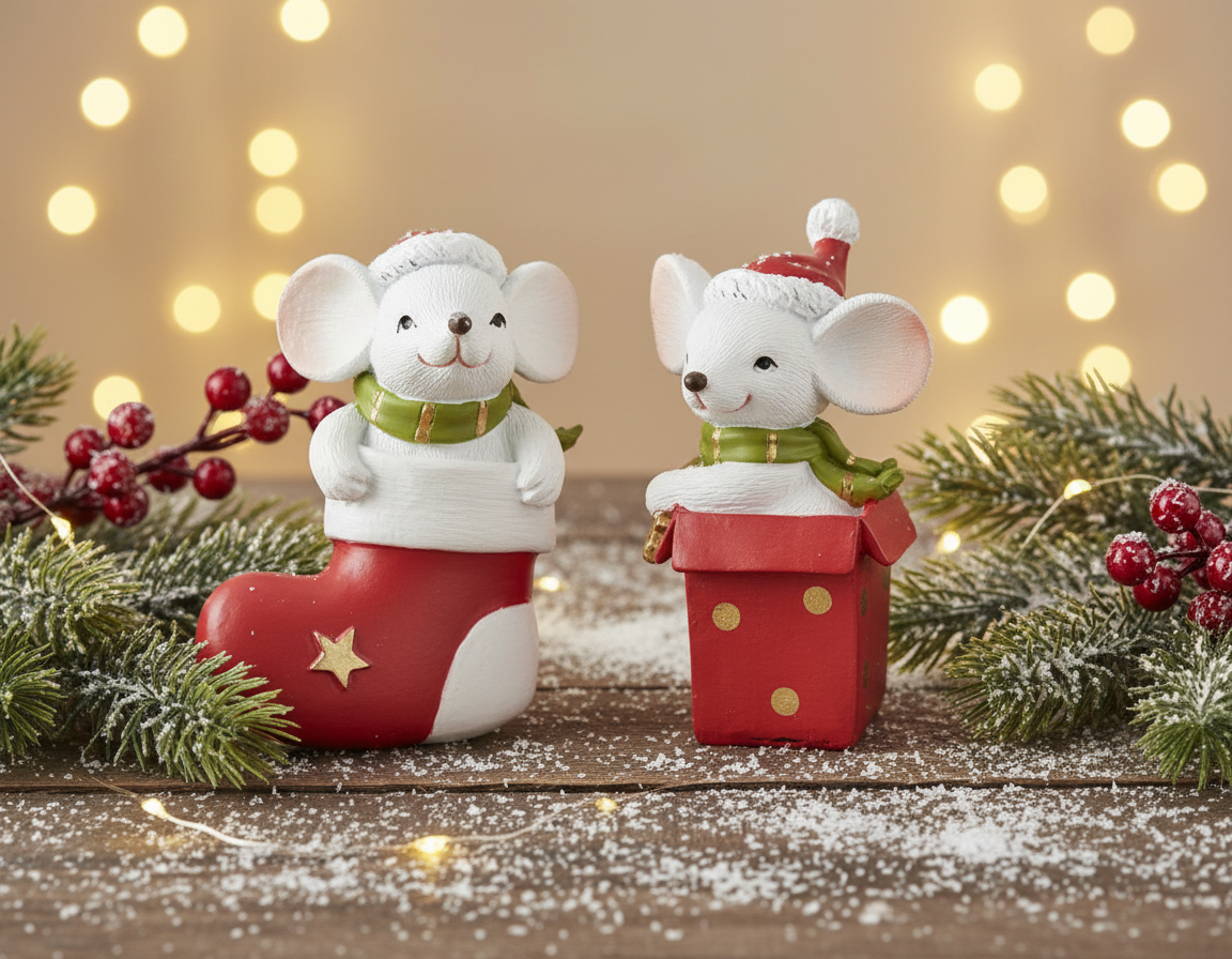 Christmas Holiday 2 pc Resin Christmas Mice Ornaments 3" - The Primitive Pineapple Collection