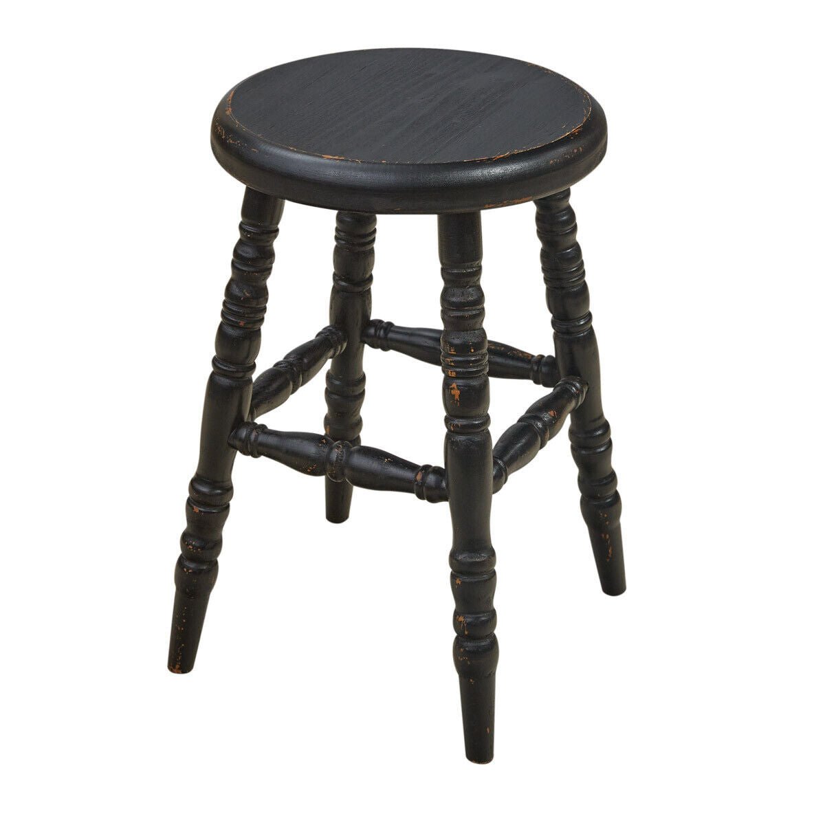 Primitive Farmhouse Black Distressed 18" Wood Stool w/ Turned Legs - The Primitive Pineapple Collection