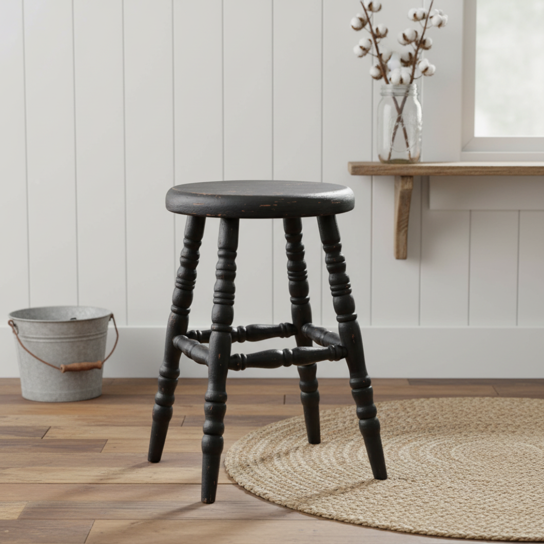 Primitive Farmhouse Black Distressed 18" Wood Stool w/ Turned Legs - The Primitive Pineapple Collection