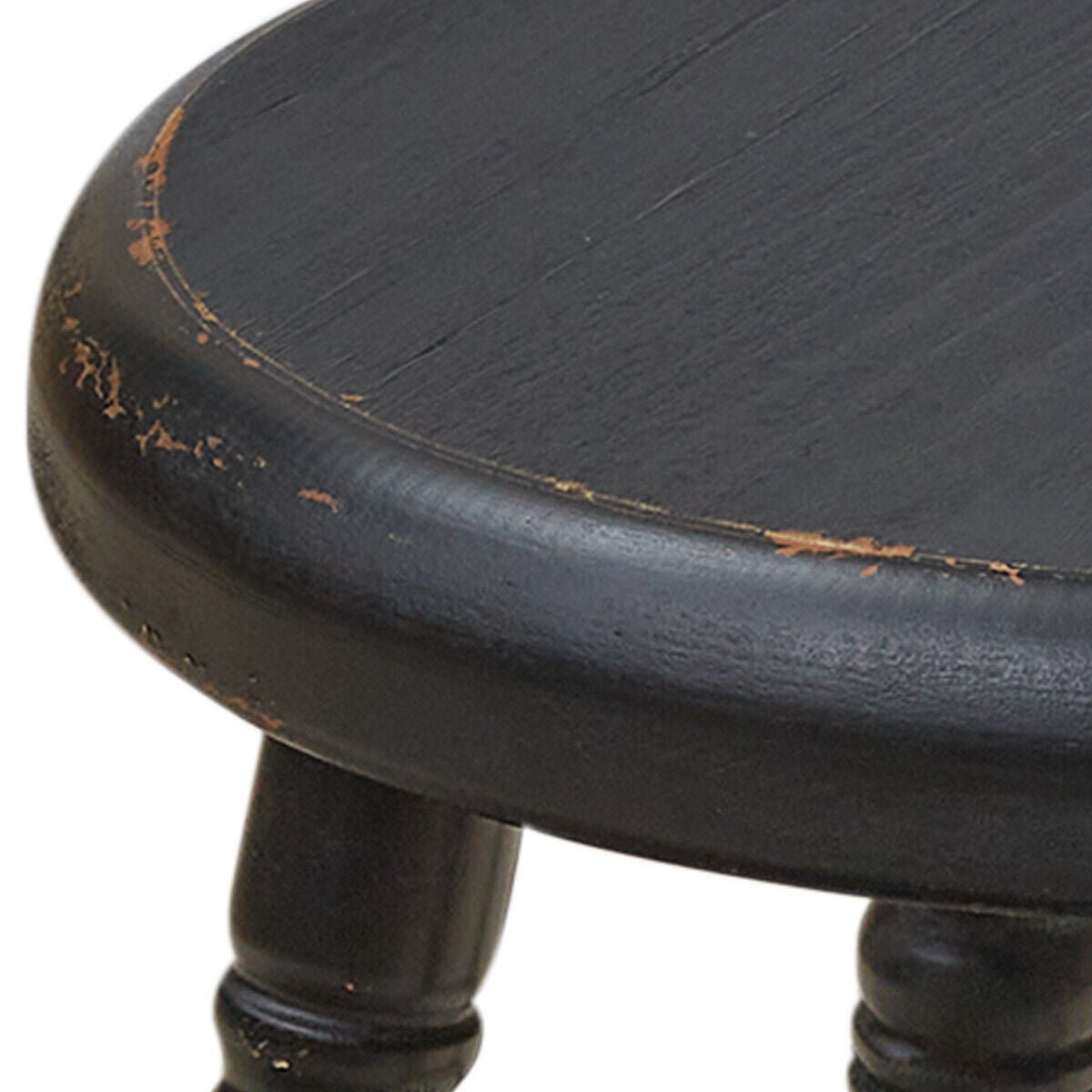 Primitive Farmhouse Black Distressed 18" Wood Stool w/ Turned Legs - The Primitive Pineapple Collection