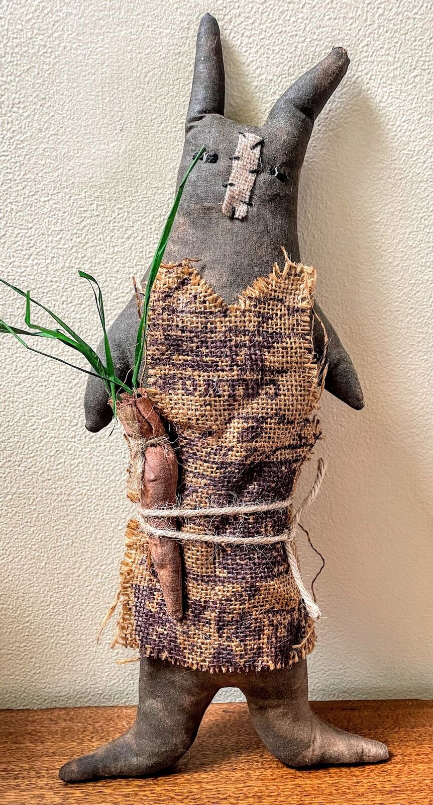 Primitive Easter Spring Flopsy Chocolate Bunny Doll 12&quot; w/ Carrot Handcrafted - The Primitive Pineapple Collection