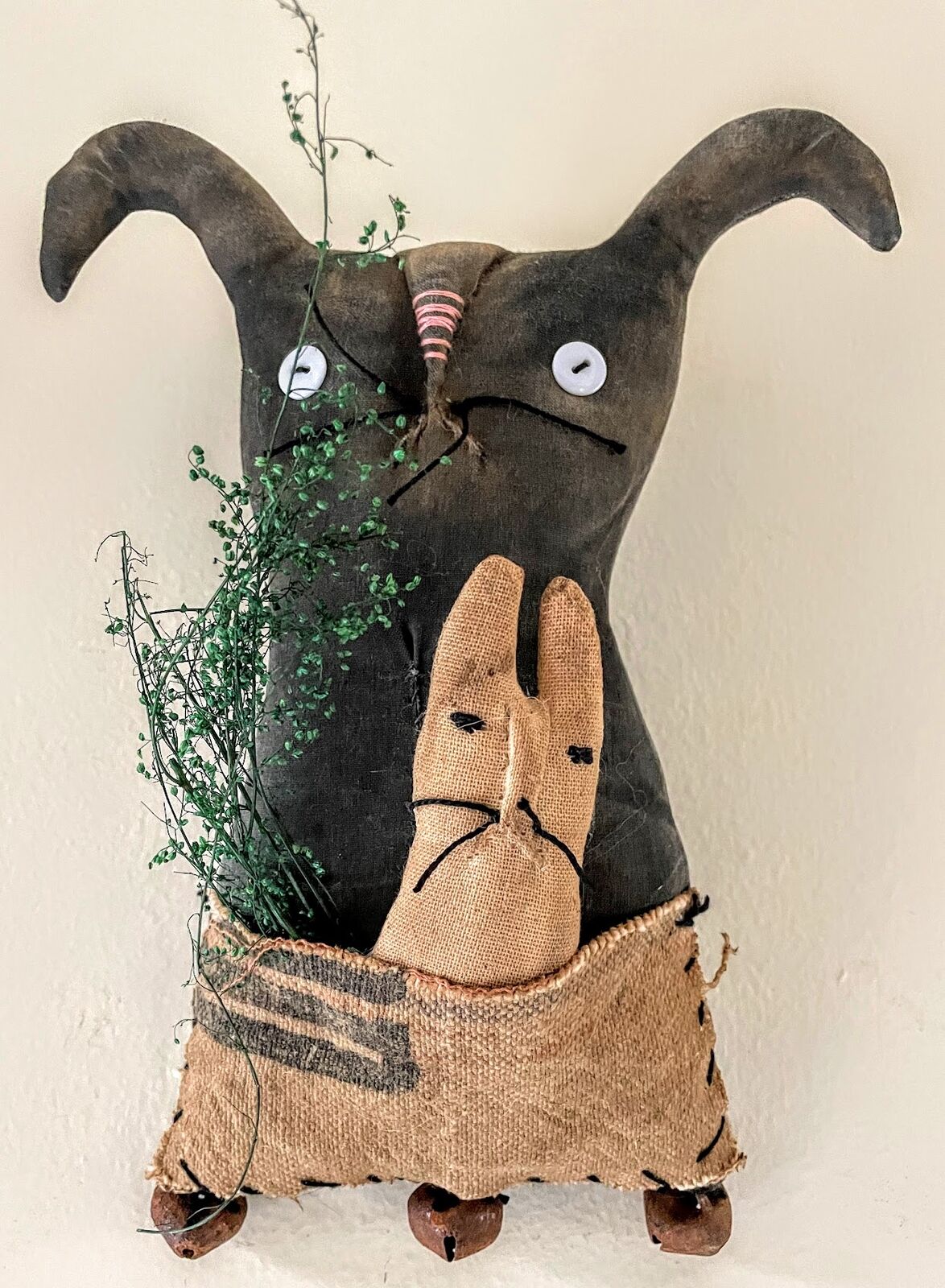 Primitive Easter Spring Hanging Momma and Baby Chocolate Bunny Hanging Doll 10" - The Primitive Pineapple Collection