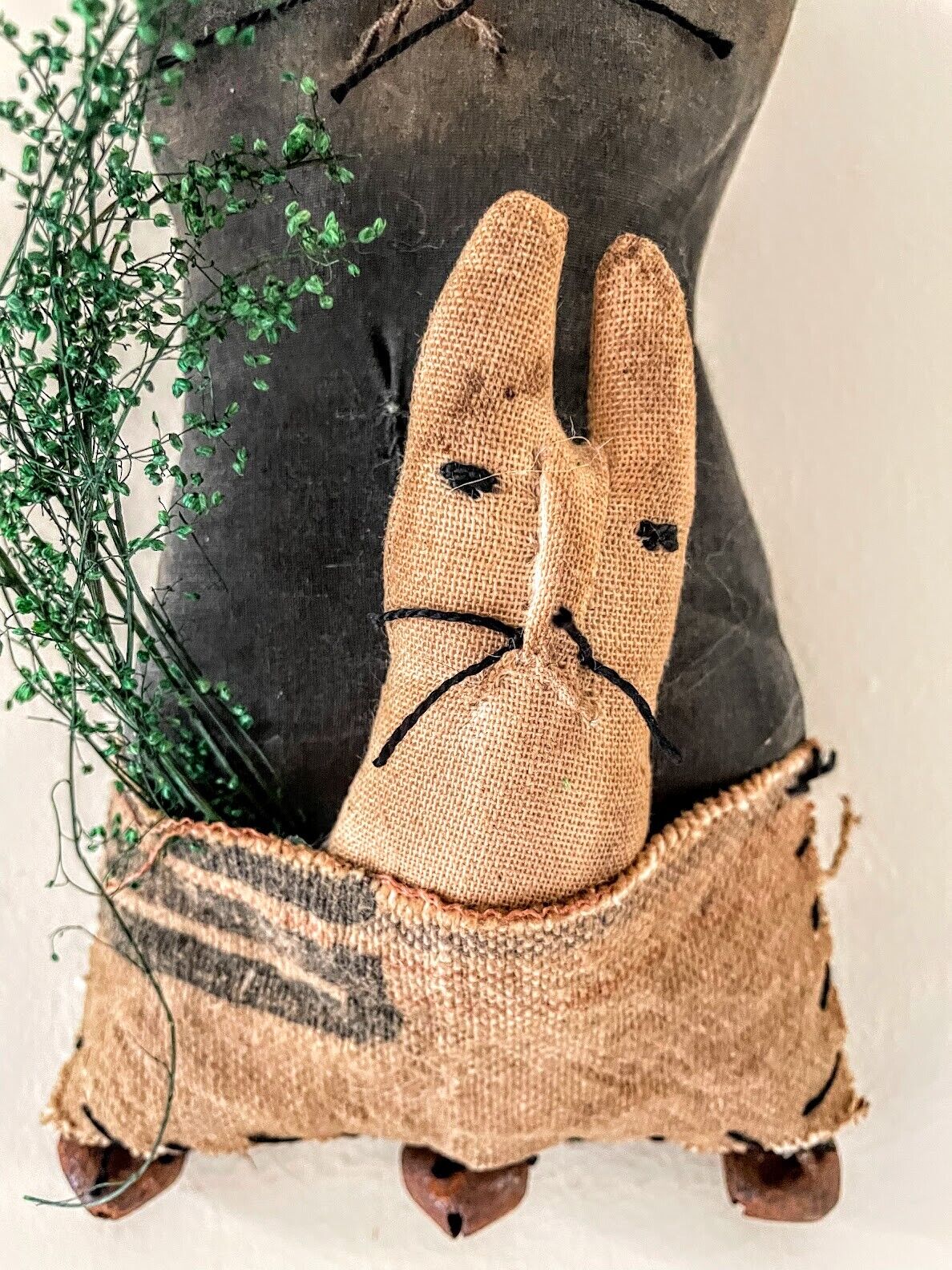 Primitive Easter Spring Hanging Momma and Baby Chocolate Bunny Hanging Doll 10" - The Primitive Pineapple Collection
