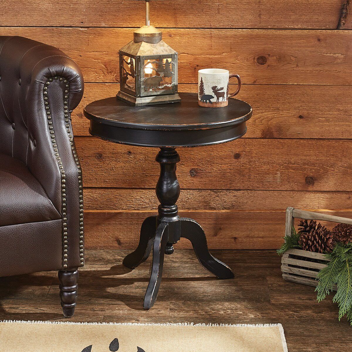 Primitive Colonial Distressed Black 22" Pedestal Accent Table w/ Drawer 22" H - The Primitive Pineapple Collection