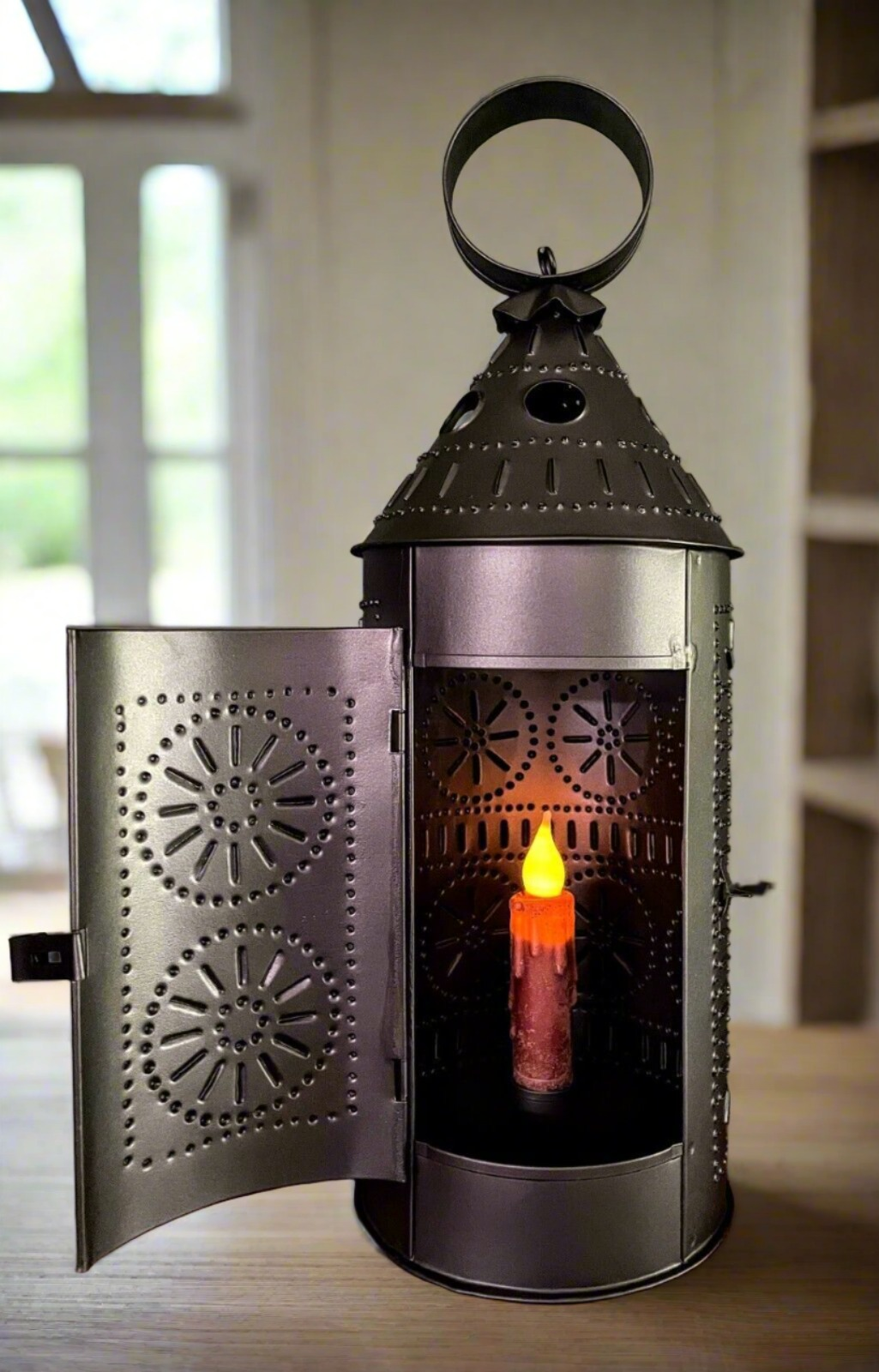 Primitive Punched Tin 17-Inch Sturbridge Lantern w/ 4" Burgundy Timer Candle - The Primitive Pineapple Collection