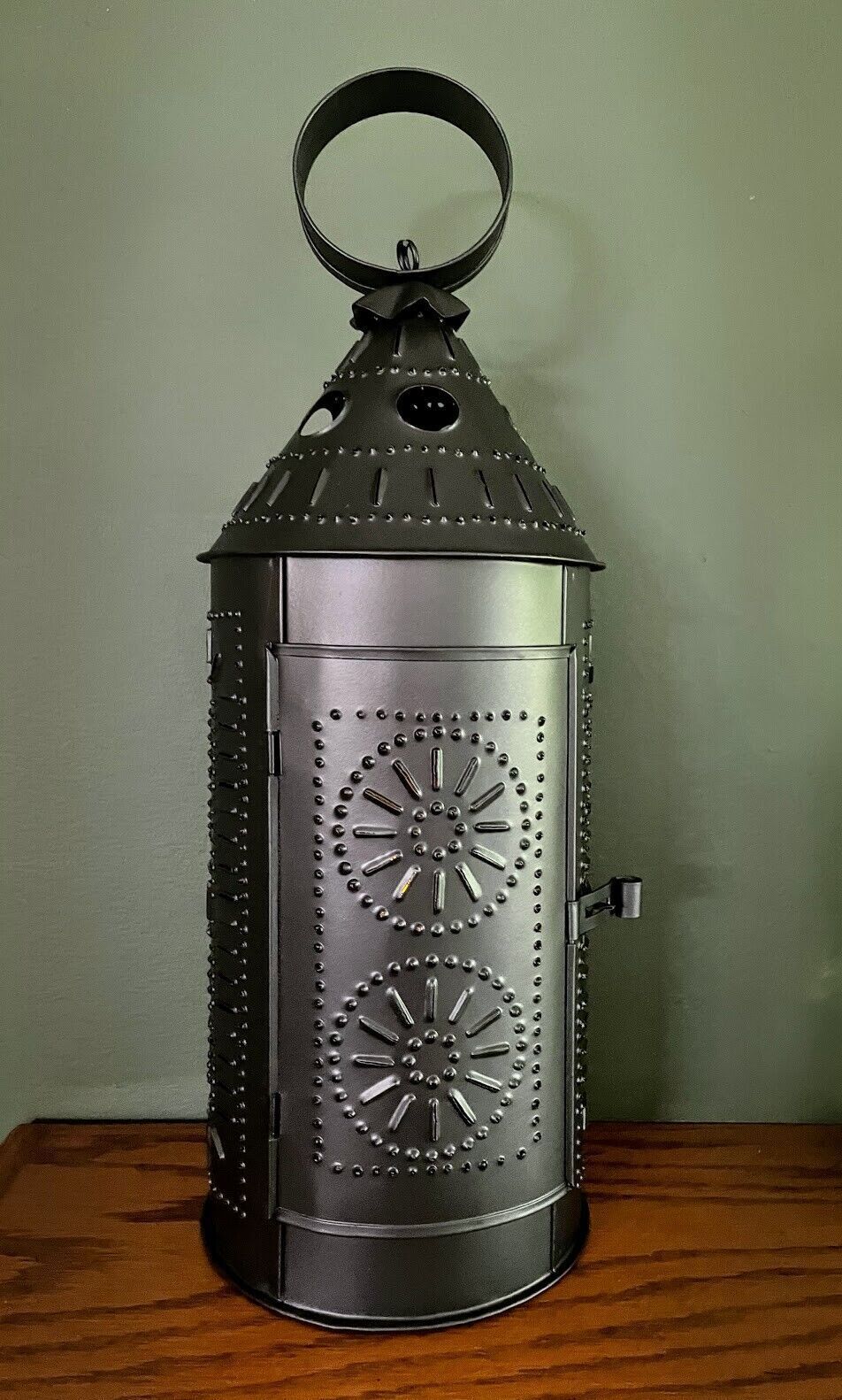 Primitive Punched Tin 17-Inch Sturbridge Lantern w/ 4" Burgundy Timer Candle - The Primitive Pineapple Collection