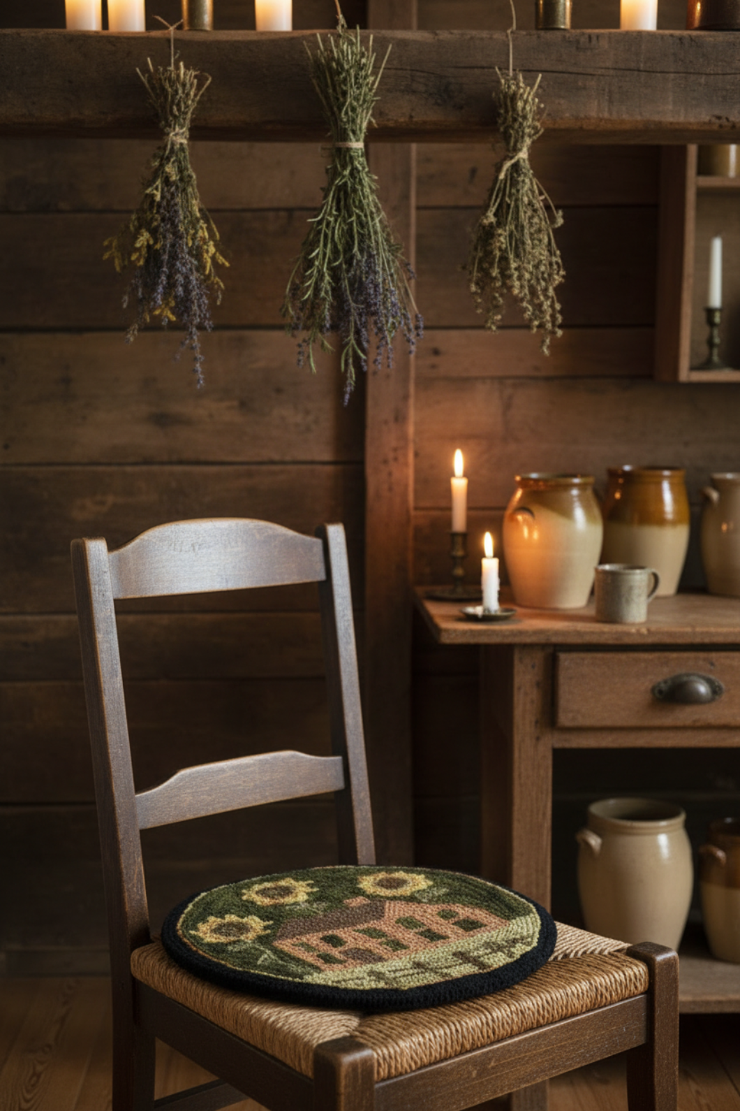 Primitive Farmhouse House and Sunflower Hooked Chair Pad 14.5" - The Primitive Pineapple Collection