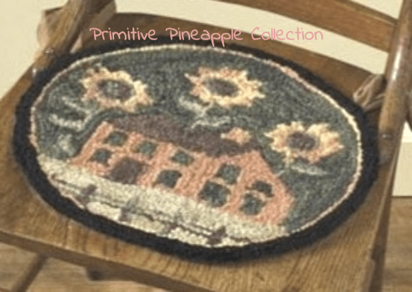 Primitive Farmhouse House and Sunflower Hooked Chair Pad 14.5" - The Primitive Pineapple Collection