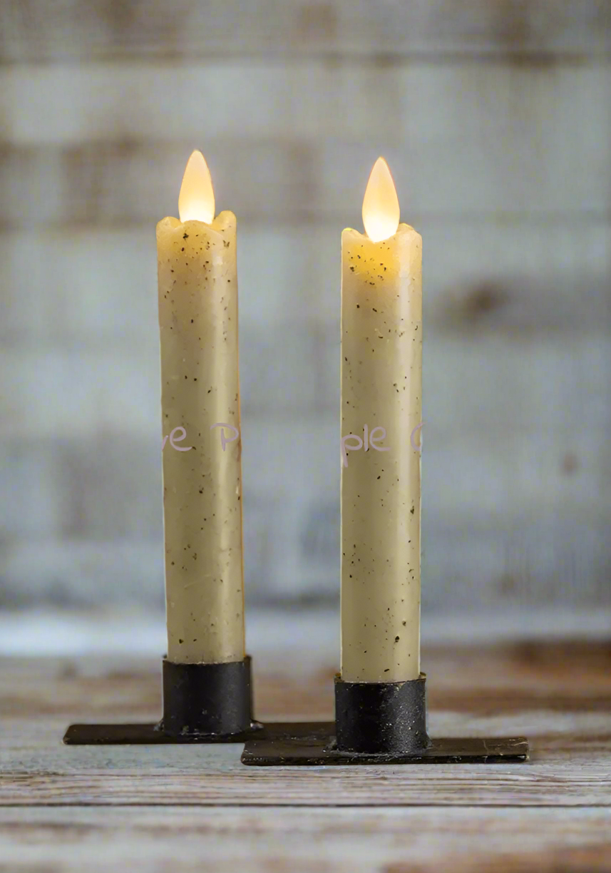 Primitive Country 6.75" Moving Flame 2 pc Green Flicker Taper Candle 6hr timer - The Primitive Pineapple Collection