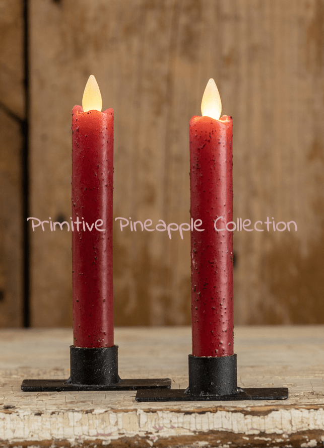 Primitive Country 6.75&quot; Moving Flame 2 pc Red Flicker Taper Candle 6hr timer - The Primitive Pineapple Collection
