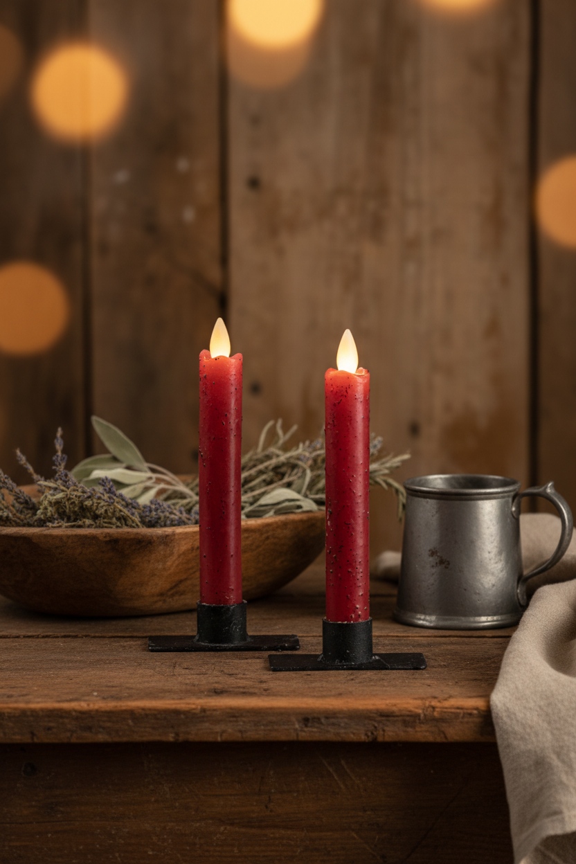 Primitive Country 6.75" Moving Flame 2 pc Red Flicker Taper Candle 6hr timer - The Primitive Pineapple Collection