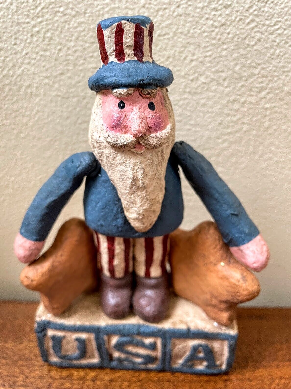 Primitive Country Rustic Paper Mache 5.5” Patriotic Uncle Sam on USA w/ Stars - The Primitive Pineapple Collection