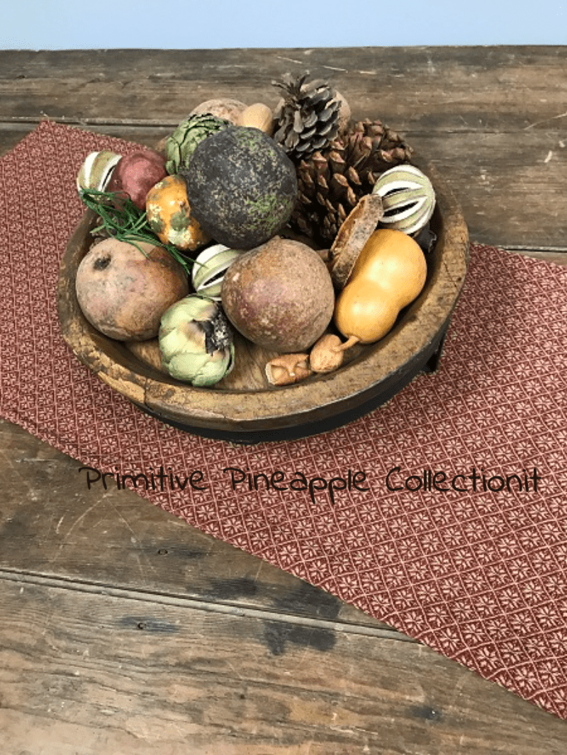 Primitive Cherry Blossom Weave Red Beige 14&quot; x 56&quot; Long Runner Farmhouse - The Primitive Pineapple Collection