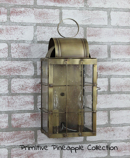 Colonial Handcrafted Antique Brass Danbury Outdoor 17.5&quot; Wall Lantern - The Primitive Pineapple Collection