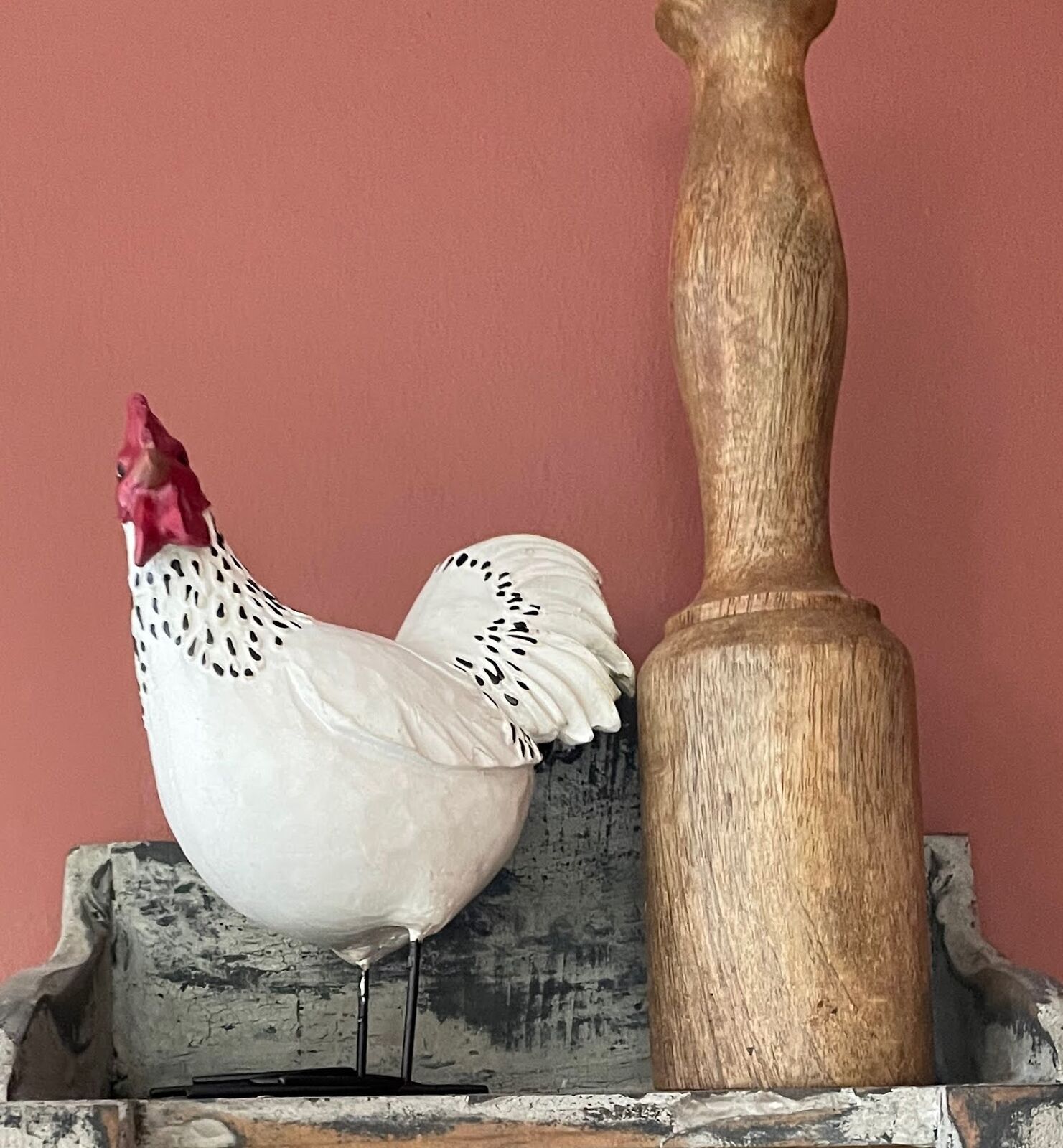 Primitive Farmhouse 6" Resin White Chicken Rooster Figurine with wire Feet - The Primitive Pineapple Collection