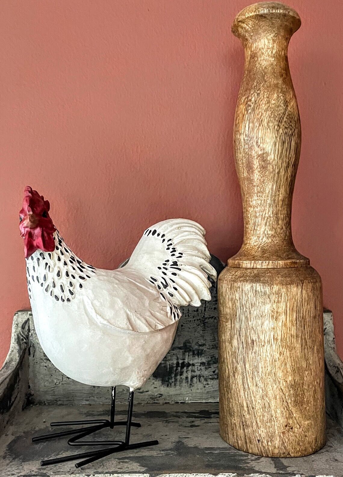 Primitive Farmhouse 6" Resin White Chicken Rooster Figurine with wire Feet - The Primitive Pineapple Collection