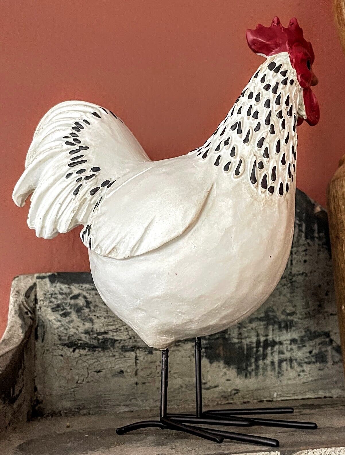 Primitive Farmhouse 6" Resin White Chicken Rooster Figurine with wire Feet - The Primitive Pineapple Collection