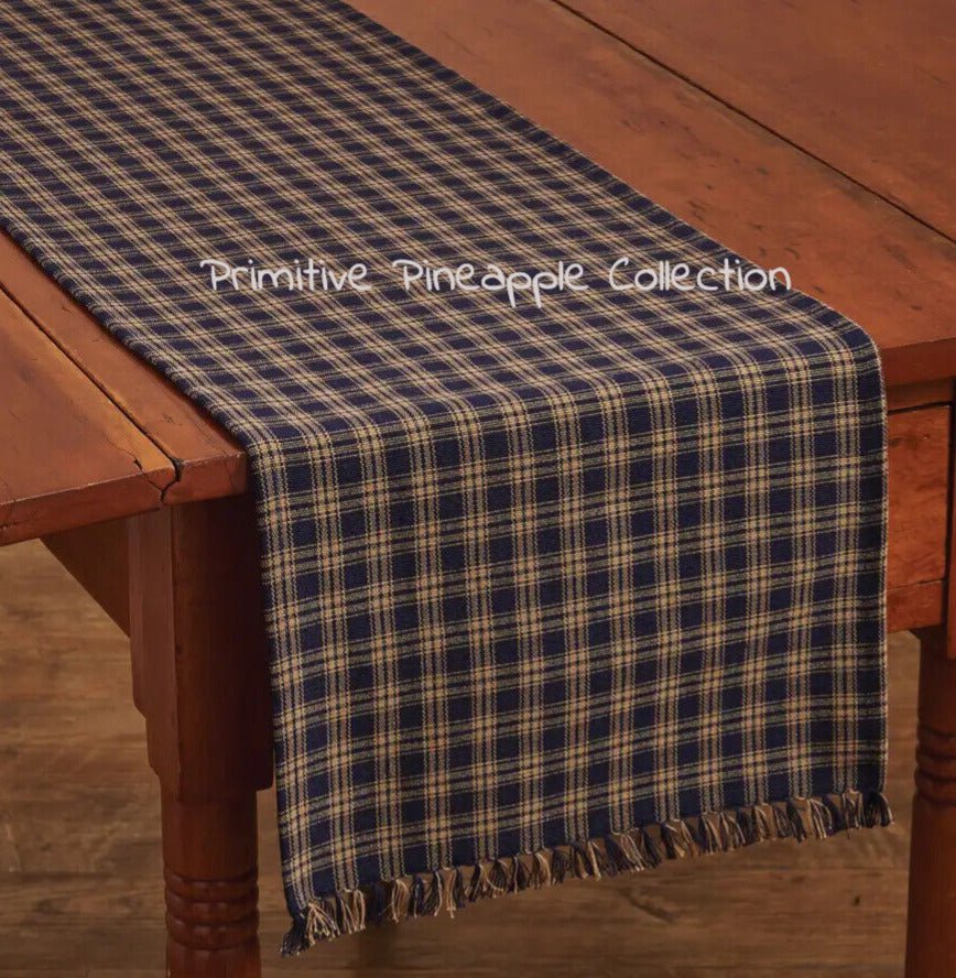 Primitive Sturbridge Navy w/ Fringed End 36&quot; Table Runner - The Primitive Pineapple Collection