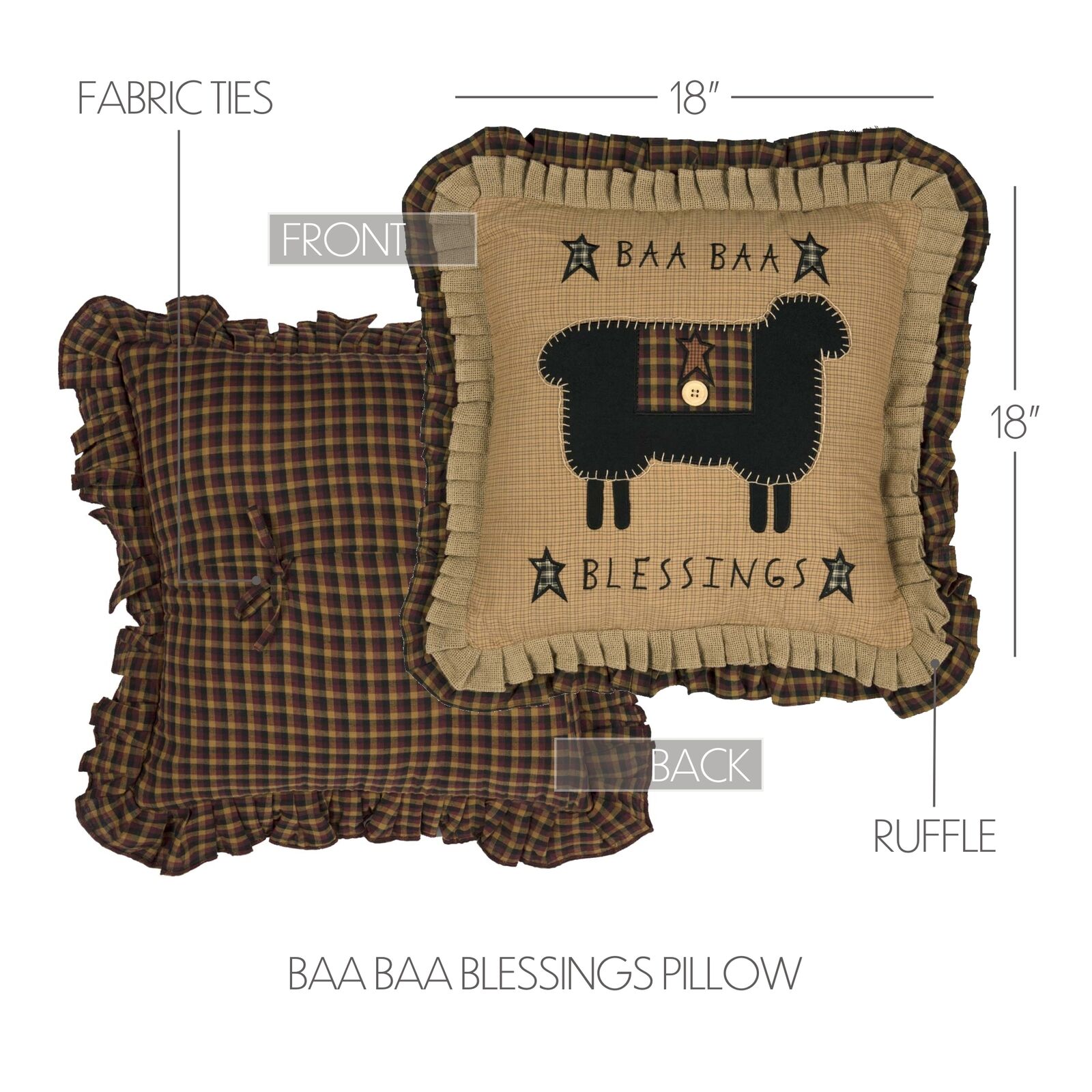 Primitive Farmhouse Heritage Farms Baa Baa Blessings Pillow w/ Fill 16x16" - The Primitive Pineapple Collection