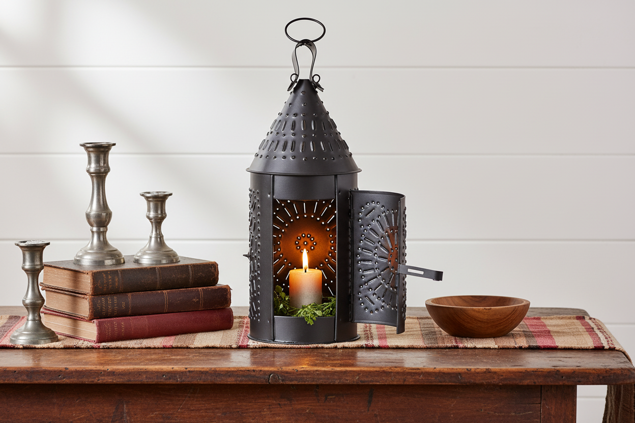 Primitive Punched Tin 15-Inch Candle Lantern Smokey Black - The Primitive Pineapple Collection